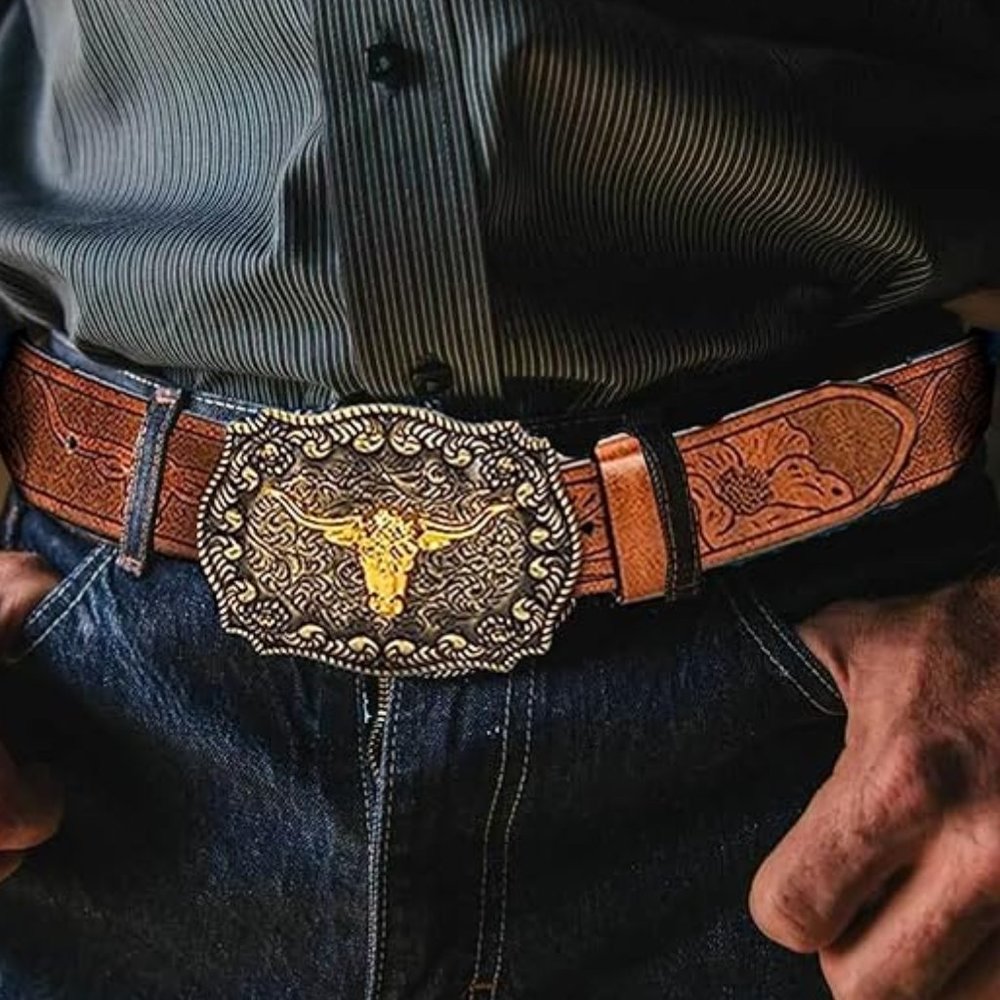Rodeo cowboy belt metal buckle western jean belt - Picture 2 of 7